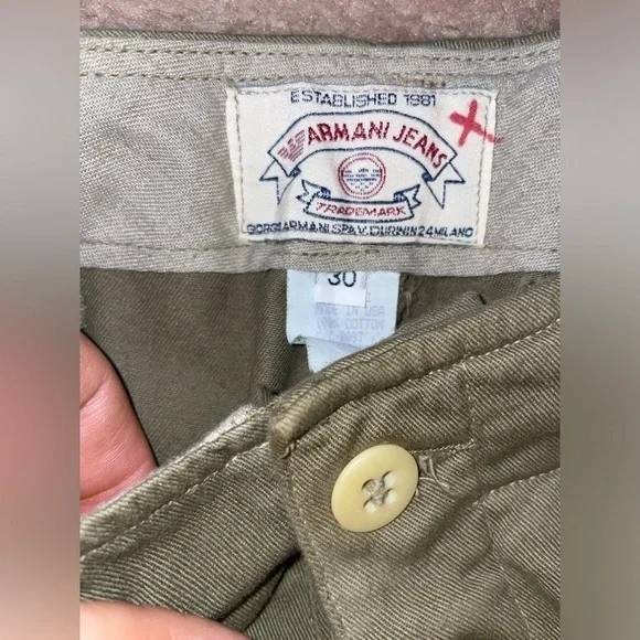 Armani Jeans Khaki Pants Mens Size 30/34 Olive Green Flat Front Casual Cotton - Picture 9 of 11